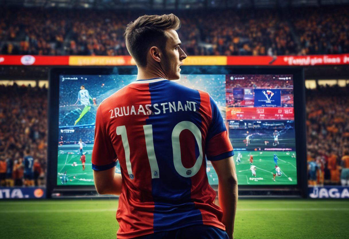 A dynamic soccer scene depicting a passionate fan wearing a team jersey, surrounded by live match statistics and social media feeds on a digital screen, with an intense soccer match happening in the background. The atmosphere is electric with vibrant colors and high energy, capturing the essence of staying updated in real-time. The fan's excitement reflects genuine enthusiasm and engagement with the game. super-realistic. vibrant colors. high contrast.