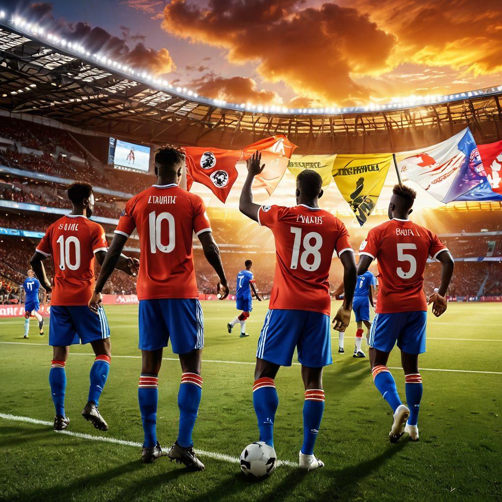 A dynamic and energetic scene showcasing a football match with players in action, surrounded by a digital overlay of merchandise options like jerseys, scarves, and sports gear. Include enthusiastic fans in the stands waving flags, with a vibrant sunset in the background. The composition should evoke excitement and engagement, emphasizing the online shopping experience for football fans. super-realistic. vibrant colors. 3D.