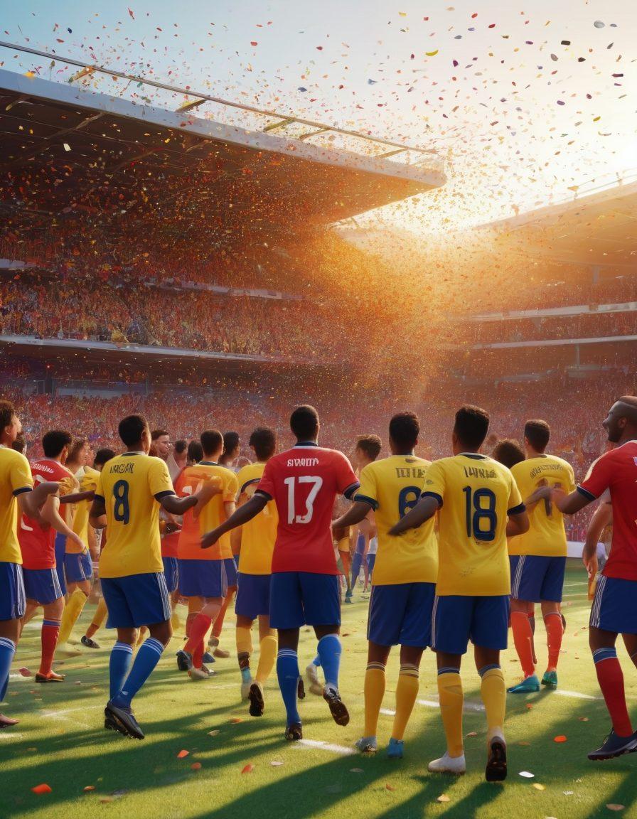 A vibrant soccer pitch bustling with enthusiastic fans celebrating a goal, showcasing a diverse group of supporters wearing colorful jerseys, with confetti flying in the air. Include elements like a digital scoreboard displaying a happy score, and a bright sun setting in the background, evoking a sense of joy and community in the beautiful game. super-realistic. vibrant colors. 3D.